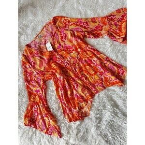 Cato Vibrant Pink & Orange Paisley Bell-Sleeve Blouse